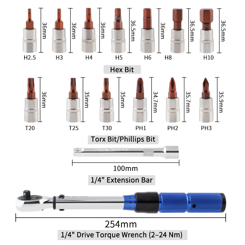 MUQZI 1/4 Inch Torque Wrench 2-24N.m Two-Way Precise Ratchet Wrench Set 72-tooth Click Bicycle Preset Torque Wrench