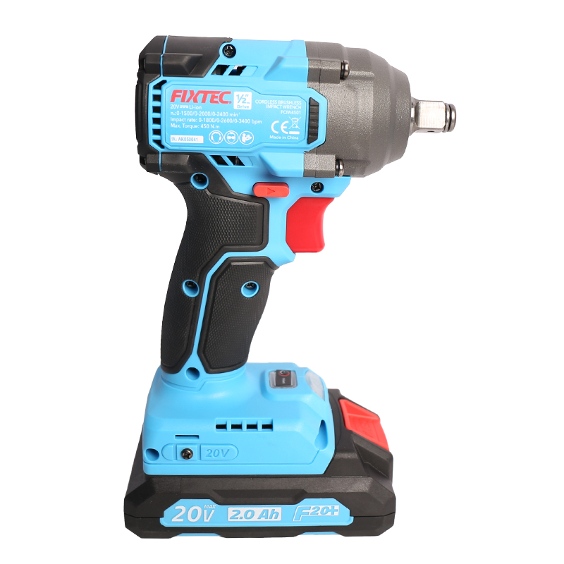 FIXTEC 20V Cordless Impact Wrench 450Nm High Torque Brushless 2.0Ah Battery 1/2 Drive Truck Tire Car Repair CE Wholesale