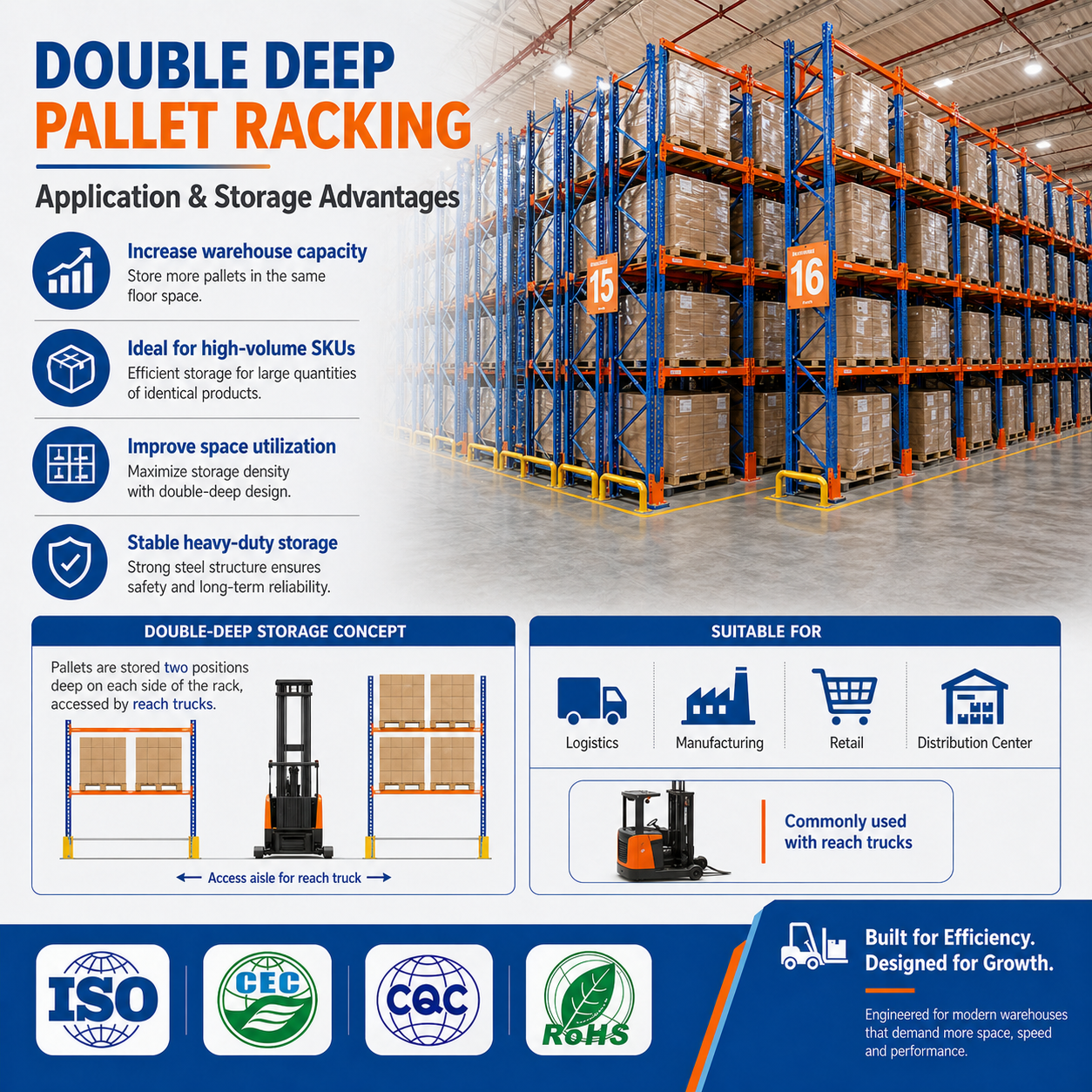 Heavy Duty Double Deep Pallet Rack High Density Warehouse Racking System Space Saving Reach Truck Access OEM Supplier Factory