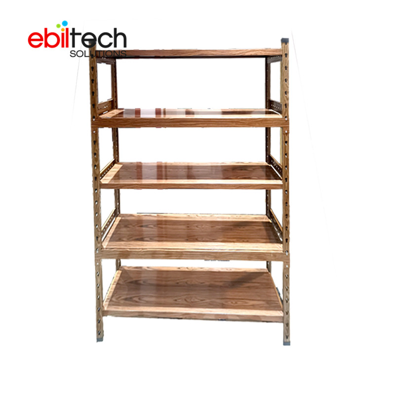 Ss400 Metal Rivet 5 Tier Shelf Boltless Wood Grain Shelf