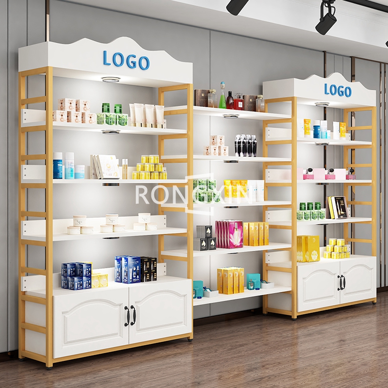 Fashion Style Wooden Beauty Retail Store Display Racks Skincare Shelves Metal Cosmetic Display Wall Shelf For Cosmetic Shops