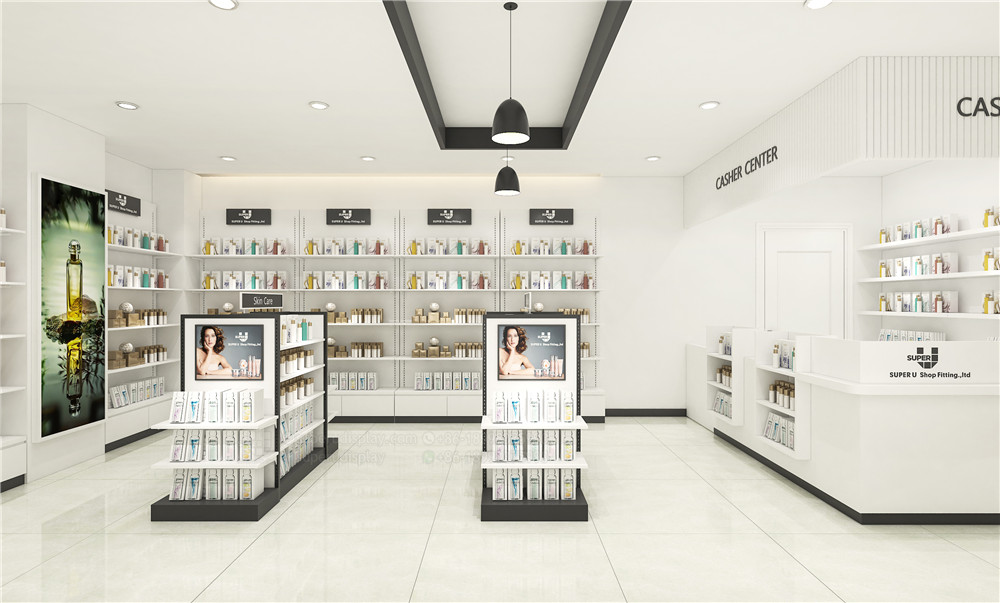 Minimalist Style Store Pharmacy Shelves Stand Design Custom Mall Wooden Medical Store Shelf Gondola for Pharmacy Shop