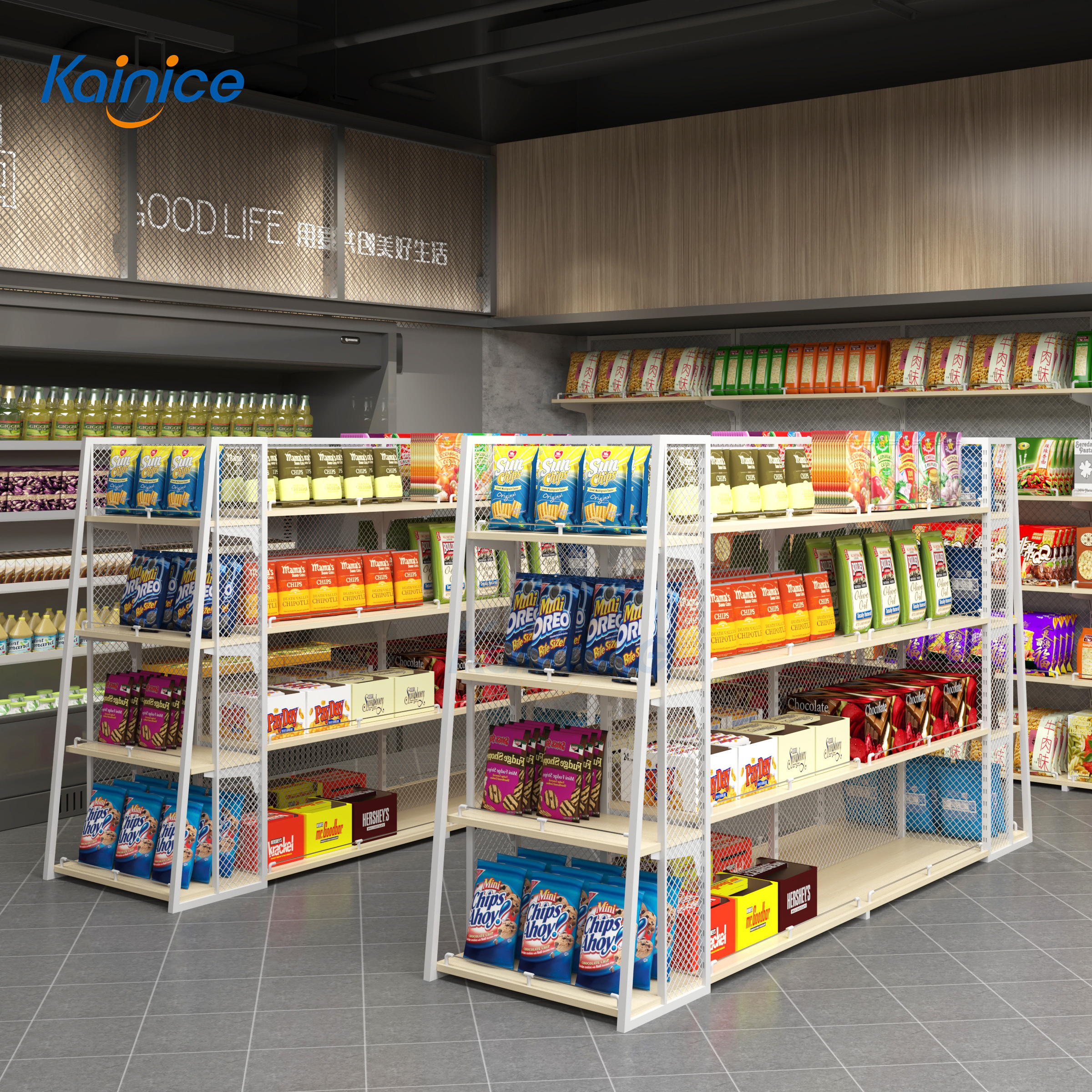 Kainice Light Duty Stainless Steel White Double-Sided Supermarket Shelves &amp; Chocolate/Biscuit Display Racks Quick Installation