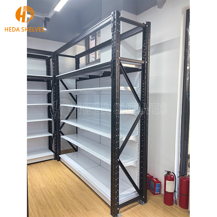 Custom Member Supermarket Shelves Heavy Duty Warehouse Rack And Supermarket Shelf Match Black Gondola Shelving