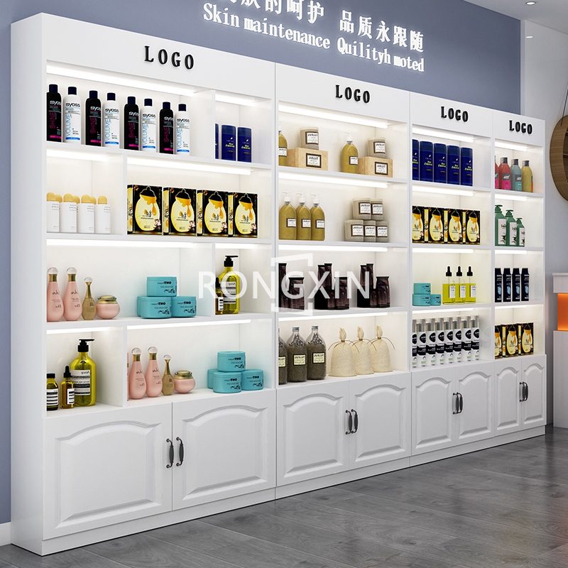 Fashion Style Wooden Beauty Retail Store Display Racks Skincare Shelves Metal Cosmetic Display Wall Shelf For Cosmetic Shops