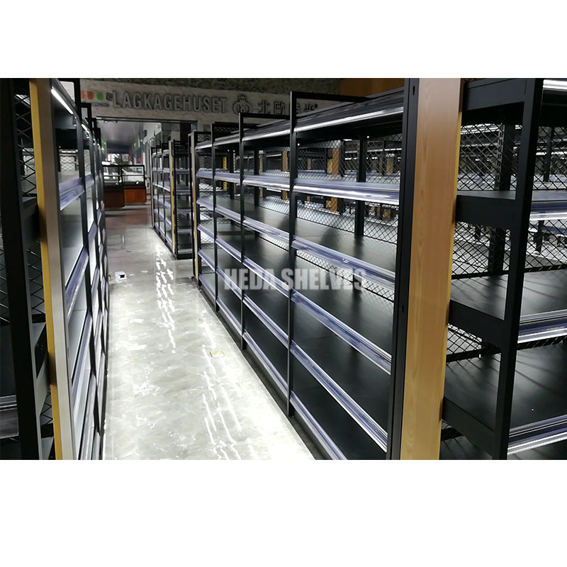 Versatile Black Gondola Shelving System With Integrated Light Bars for Retail Spaces