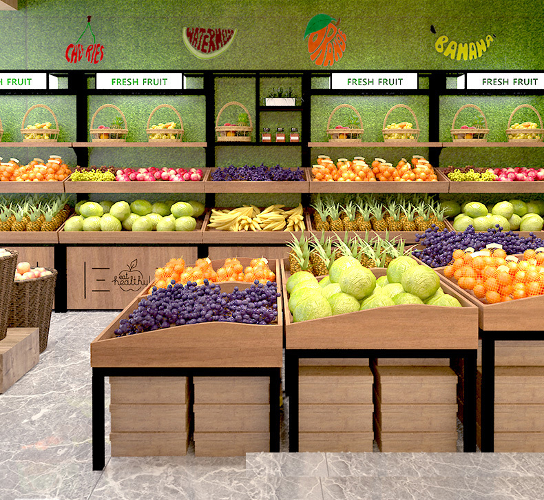 Fruit Shop Display Rack Wooden Fruit Shelf Steel Wood Double-layer Single-sided Fresh Supermarket Display Cabinet Manufacturer