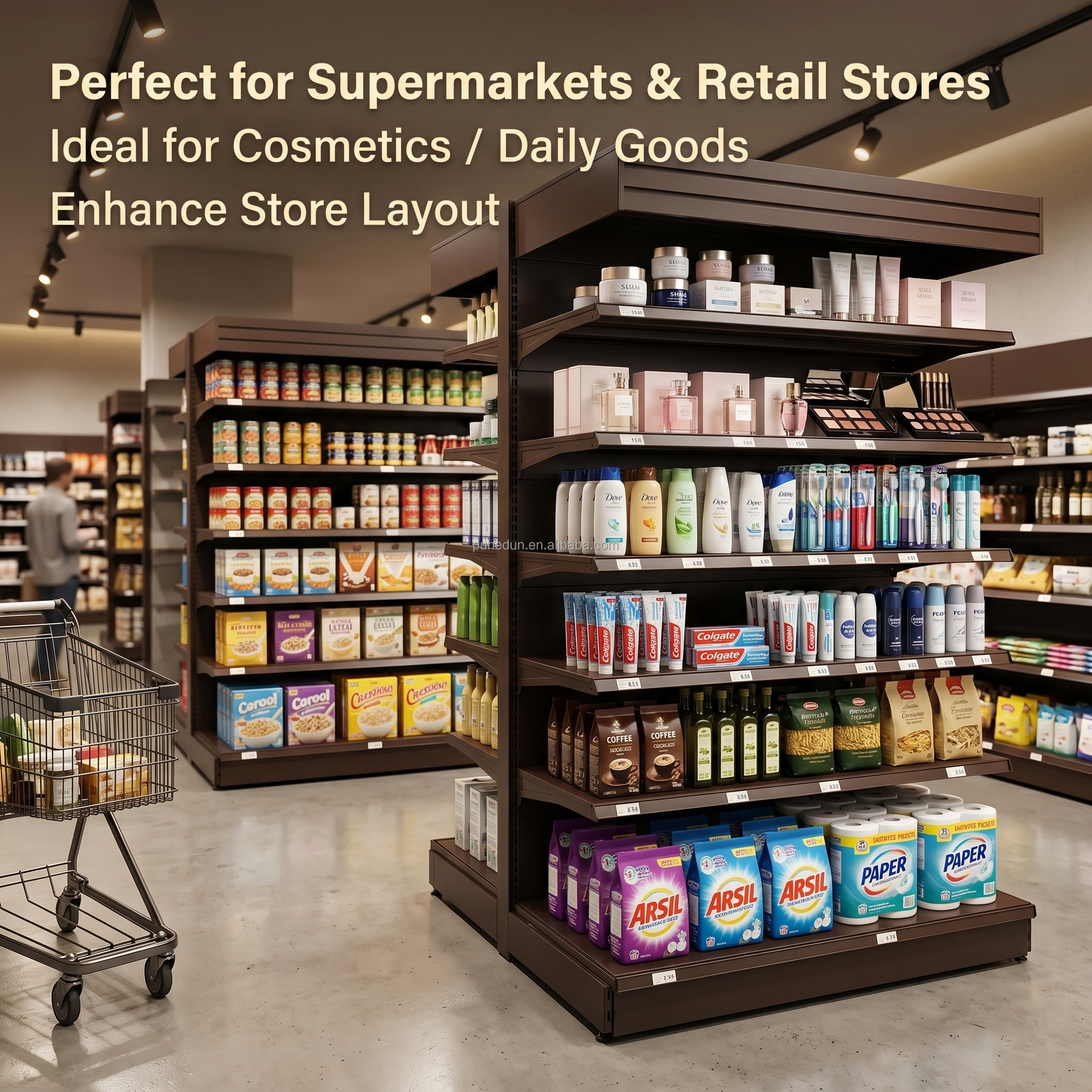 Heavy Duty Double Sided Perforated Gondola Shelving Supermarket Display Rack Quick Installation Adjustable Metal Retail Shelf