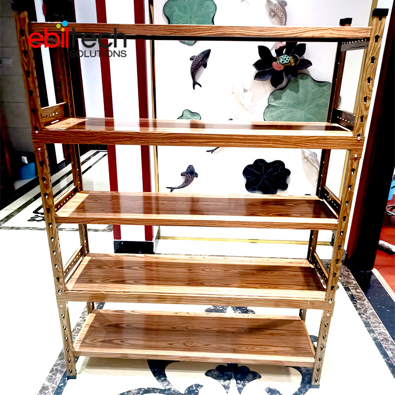 Ss400 Metal Rivet 5 Tier Shelf Boltless Wood Grain Shelf