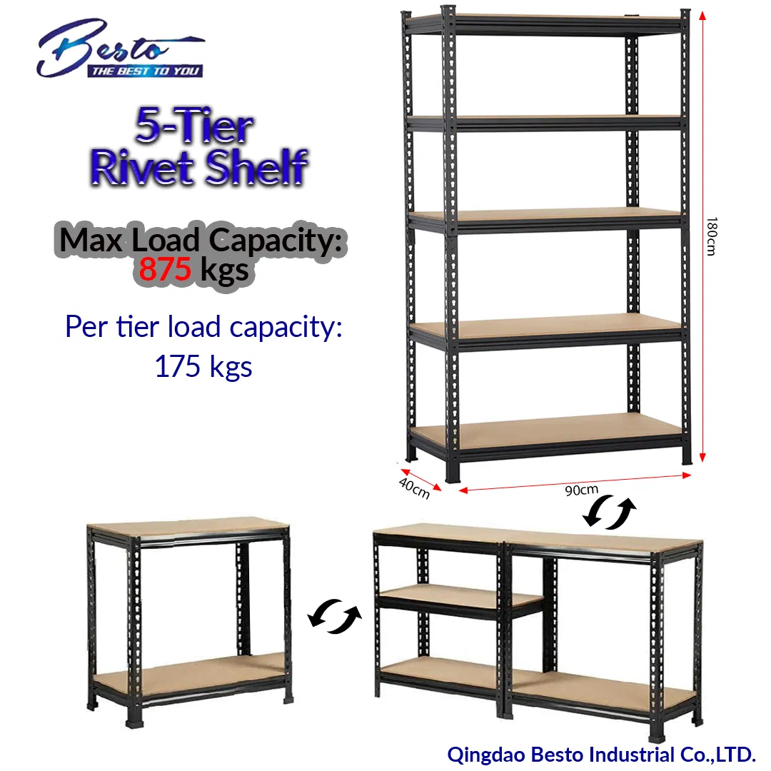 5 Tier Racking Shelves Adjustable Metal Shelves Multi-Purpose Boltless Rack Storage Rivet Shelving