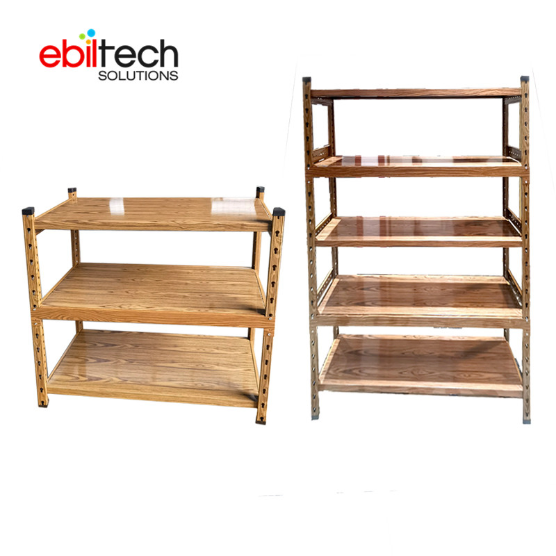Ss400 Metal Rivet 5 Tier Shelf Boltless Wood Grain Shelf