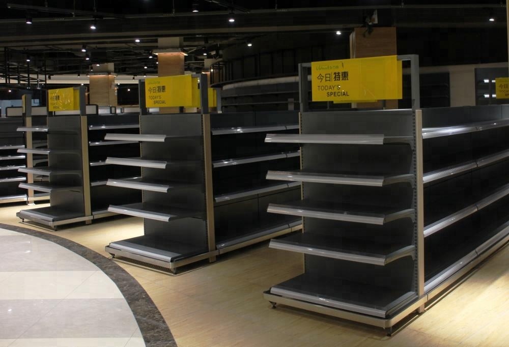 Black Metallic Heavy Duty Hypermarket Supermarket Used Double Sided Island Gondola Shelves