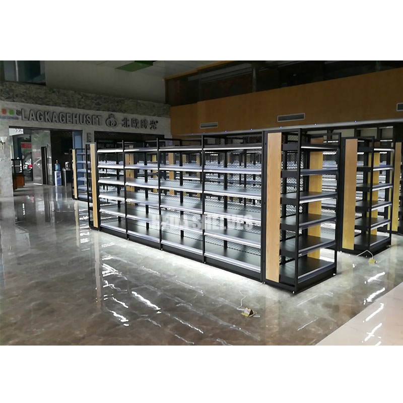 Versatile Black Gondola Shelving System With Integrated Light Bars for Retail Spaces