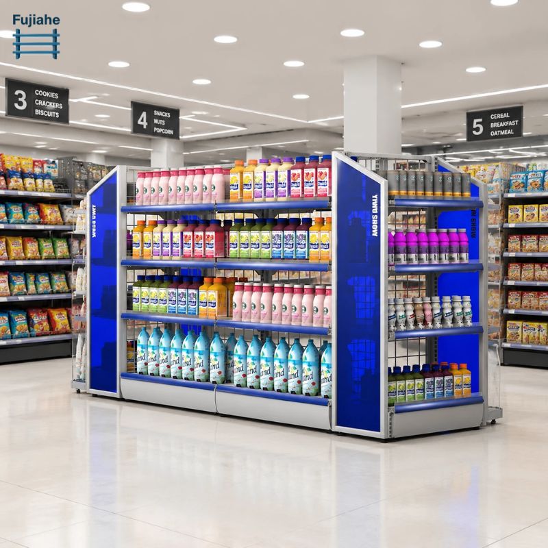 Modular Supermarket Gondola Shelving Starter &amp; Add-on Bay System with End Cap Rack for Retail Grocery Display