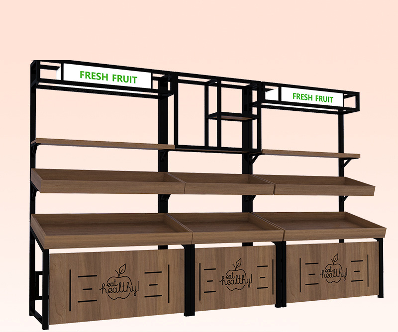 Fruit Shop Display Rack Wooden Fruit Shelf Steel Wood Double-layer Single-sided Fresh Supermarket Display Cabinet Manufacturer