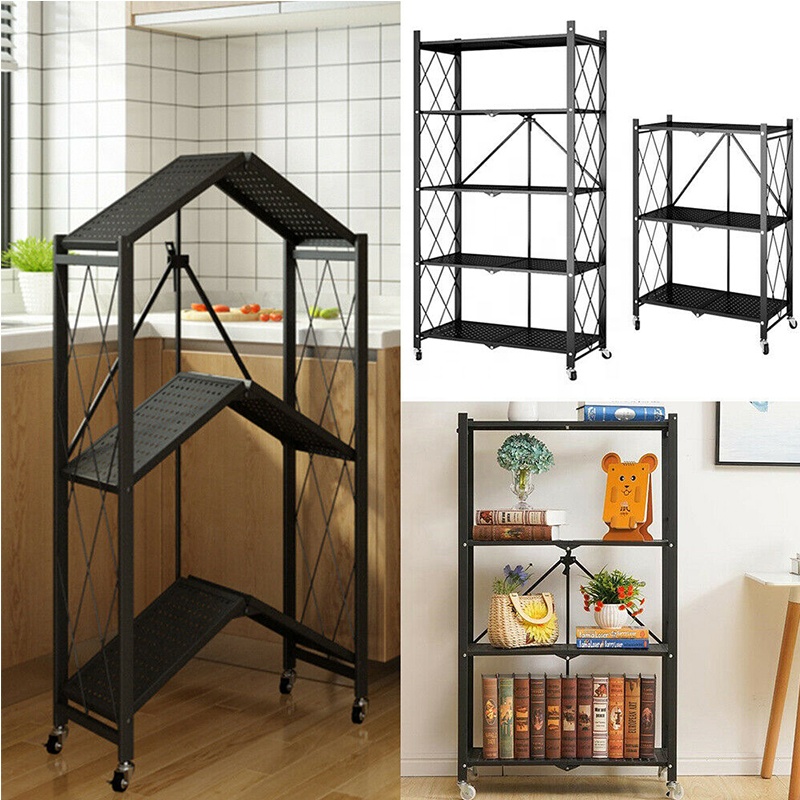 Foldable Removable Collapsible Display Shelves Metal Stand Rack With Caster Wheels Shelving Steel Storage Organizer