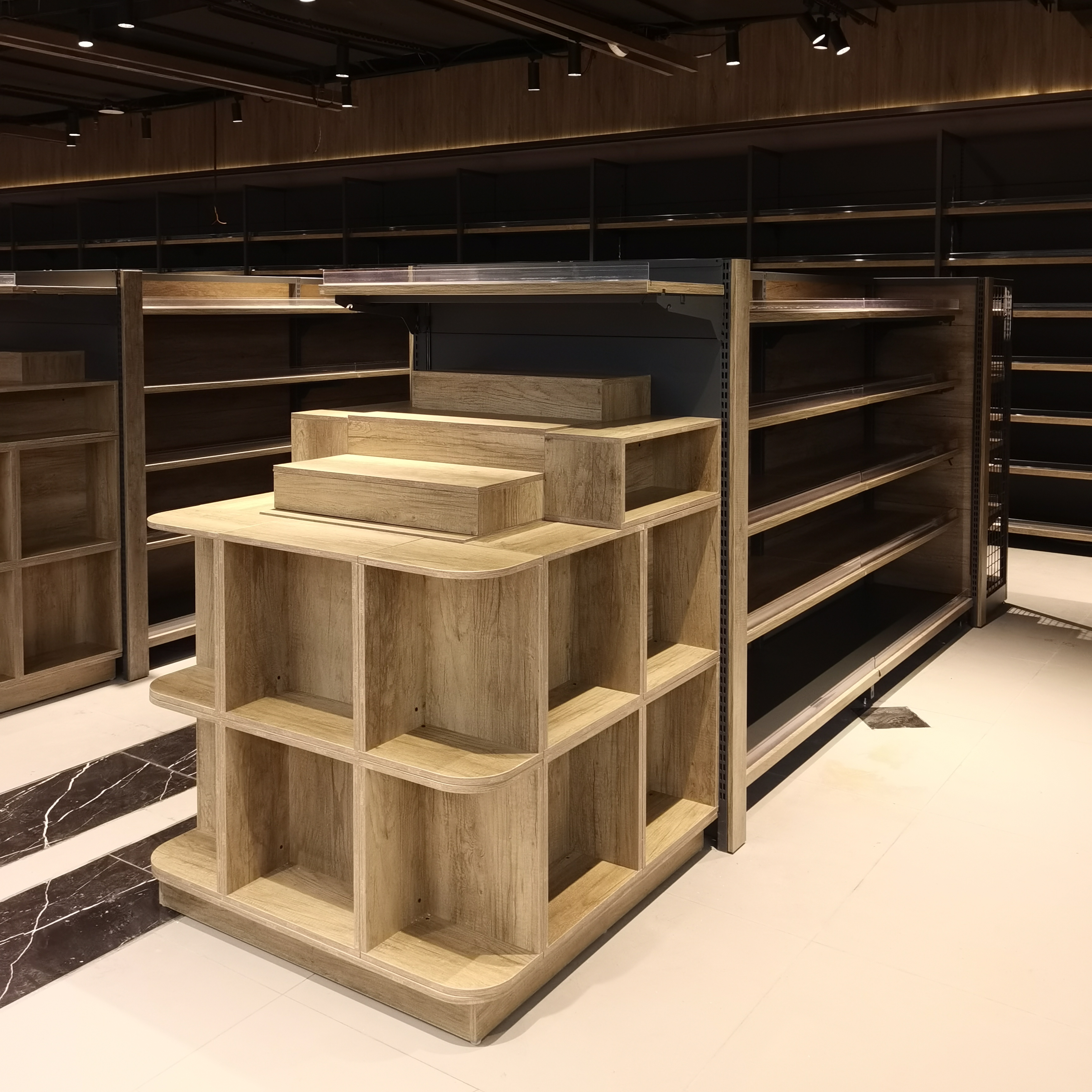 Pangdonglai Customized Heavy-Duty Steel Gondola Shelving Wood Color Display Stand Supermarket Store Equipment Commercial Rack