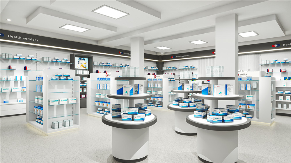 Medical Store Fixtures Design Customized Glass Display Shelf Gondola Wooden Pharmacy Shelves For Pharmacy Shop Interior Design