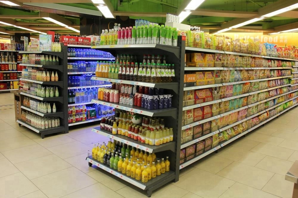 Black Metallic Heavy Duty Hypermarket Supermarket Used Double Sided Island Gondola Shelves