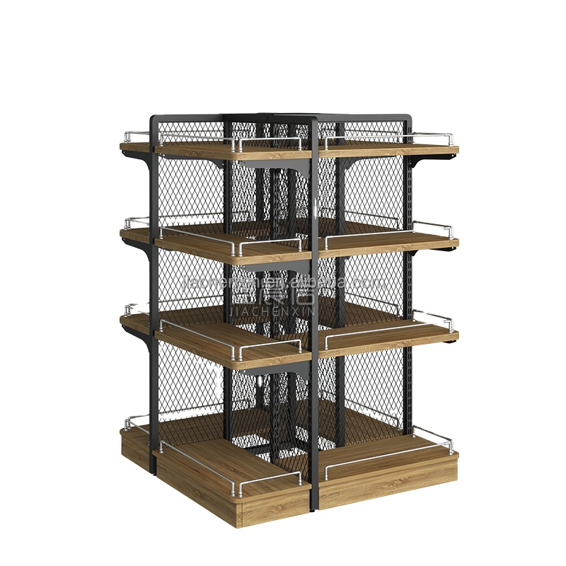 Mini Display Shelf Hypermarket 4 Layers Gondola Shelving Steel Wooden 4 Sided Island Rack for Supermarket Grocery Store