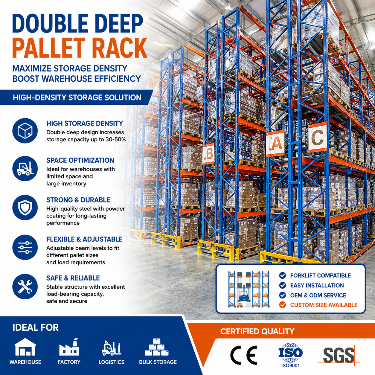 Heavy Duty Double Deep Pallet Rack High Density Warehouse Racking System Space Saving Reach Truck Access OEM Supplier Factory