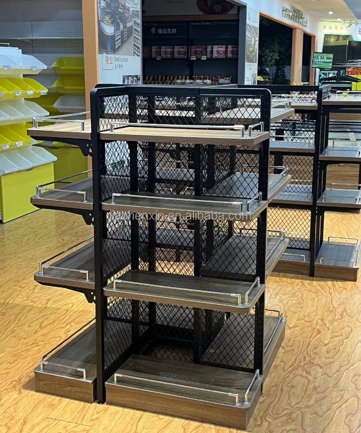 Mini Display Shelf Hypermarket 4 Layers Gondola Shelving Steel Wooden 4 Sided Island Rack for Supermarket Grocery Store