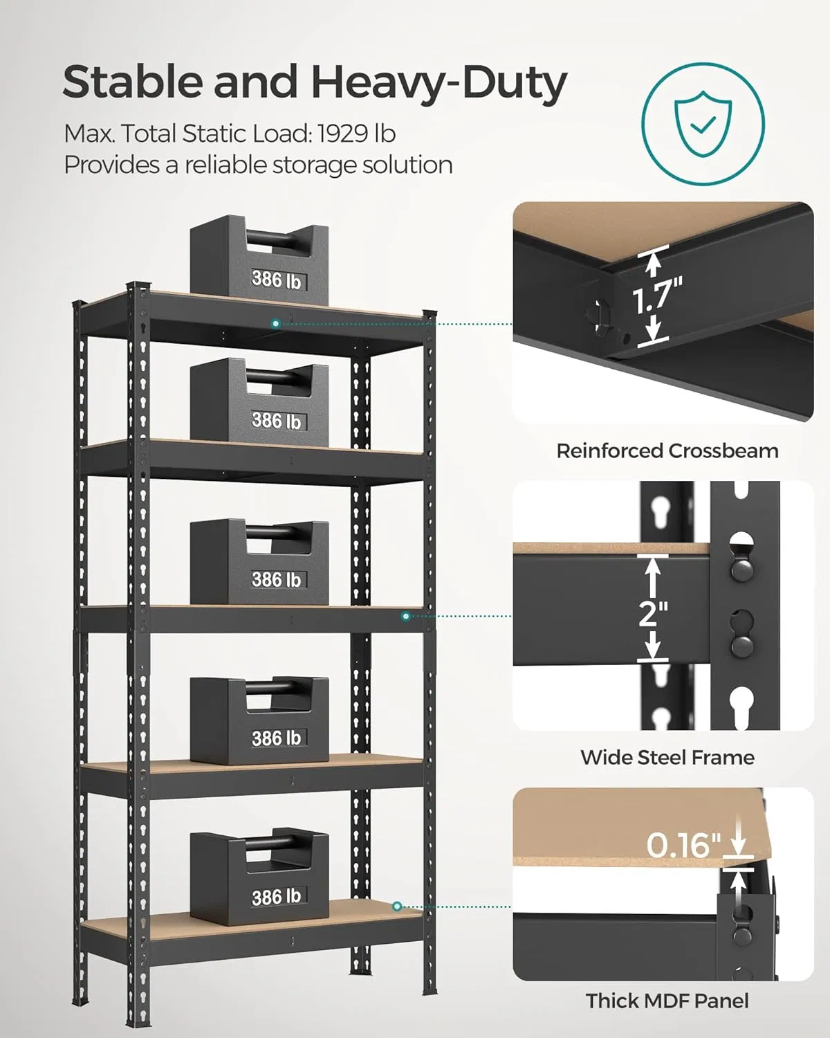 5 Tier Rivet Shelving Unit, Storage Shelves, for Garage, Boltless Assembly