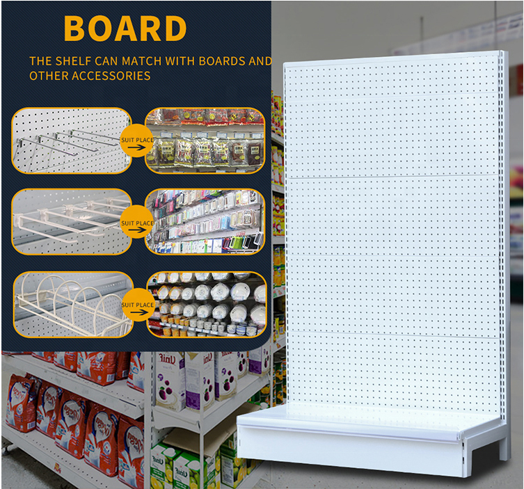 Supermarket Light Duty Style and Metallic Material Shop Fitting Double Side Gondola Metal Supermarket Shelf