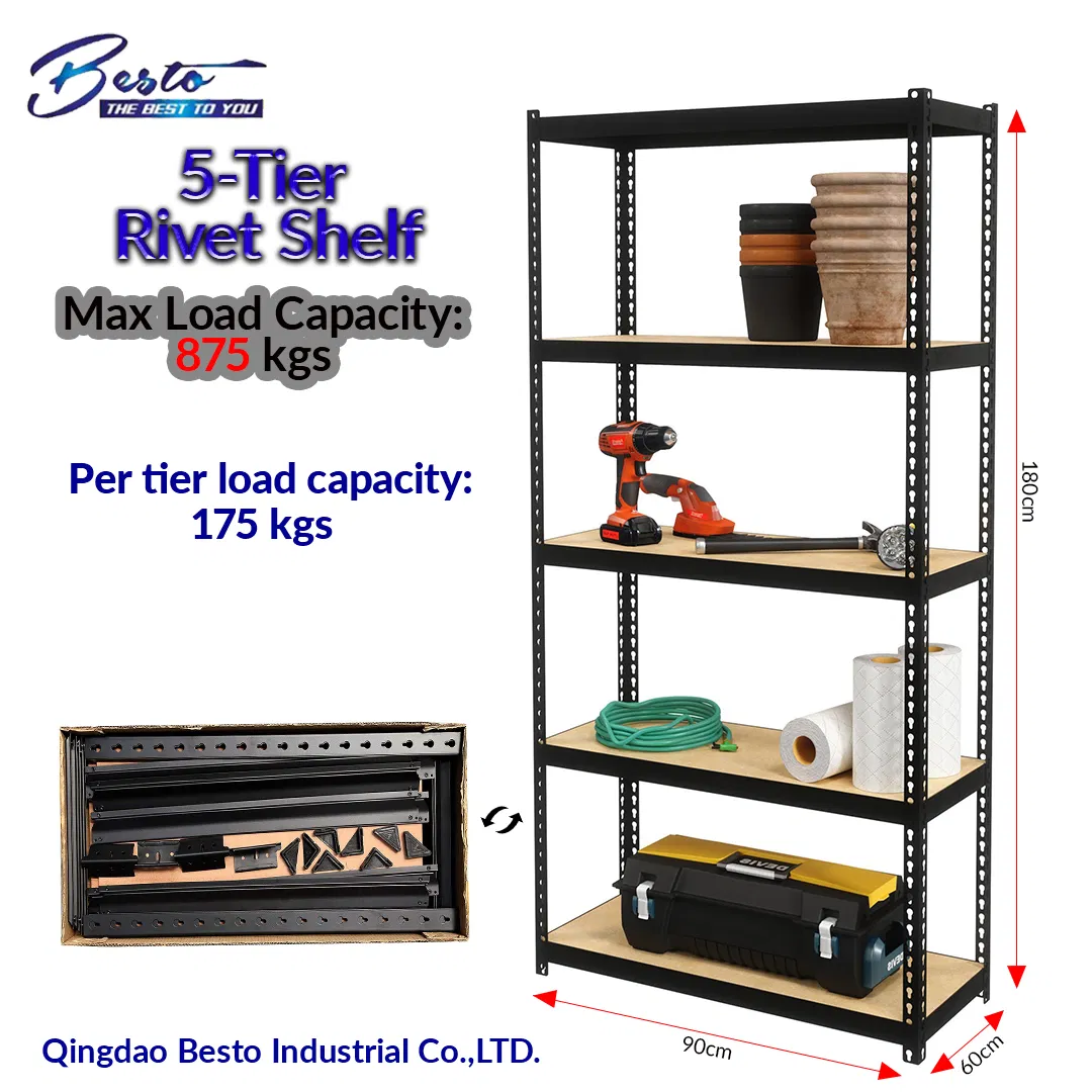 5 Tier Racking Shelves Adjustable Metal Shelves Multi-Purpose Boltless Rack Storage Rivet Shelving