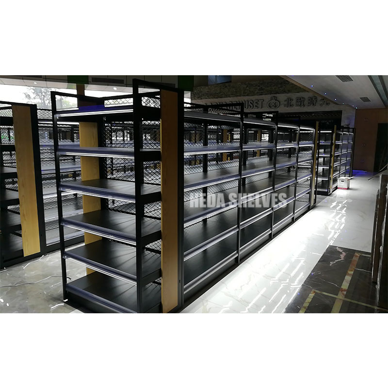 Versatile Black Gondola Shelving System With Integrated Light Bars for Retail Spaces