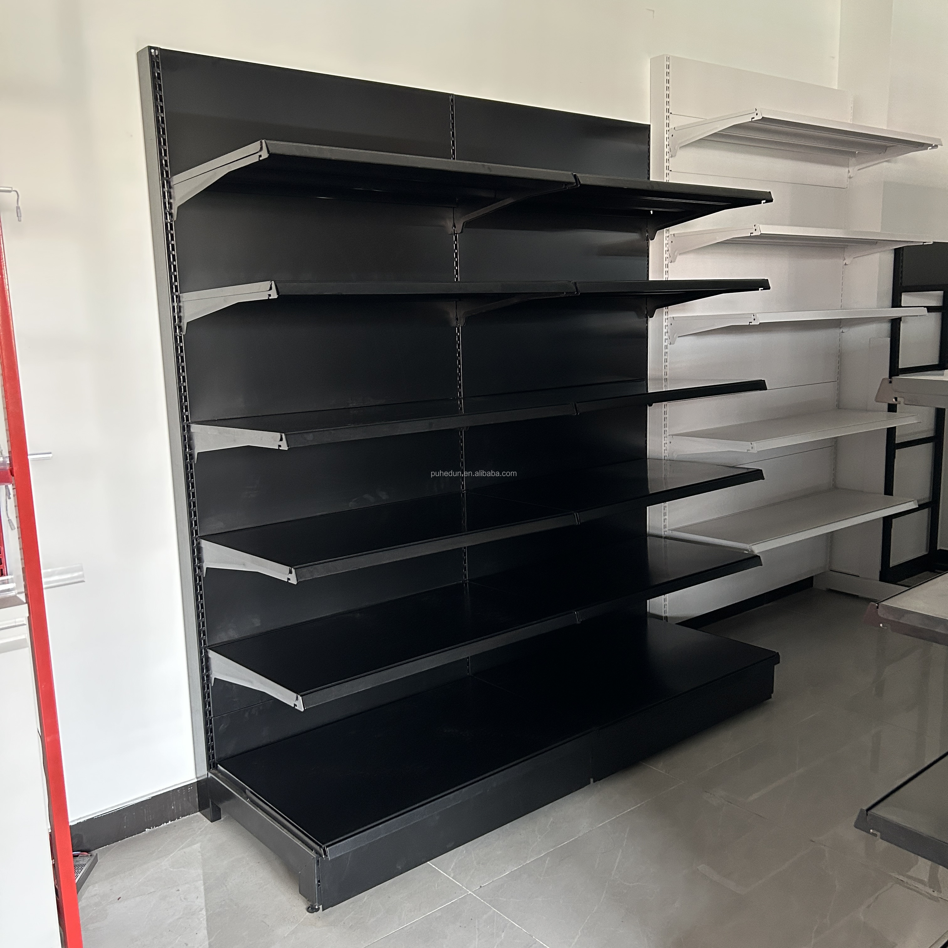 Modern Matte Black Metal Supermarket Shelf Double Sided Gondola Shelving Heavy Duty Retail Display Rack for Grocery Store