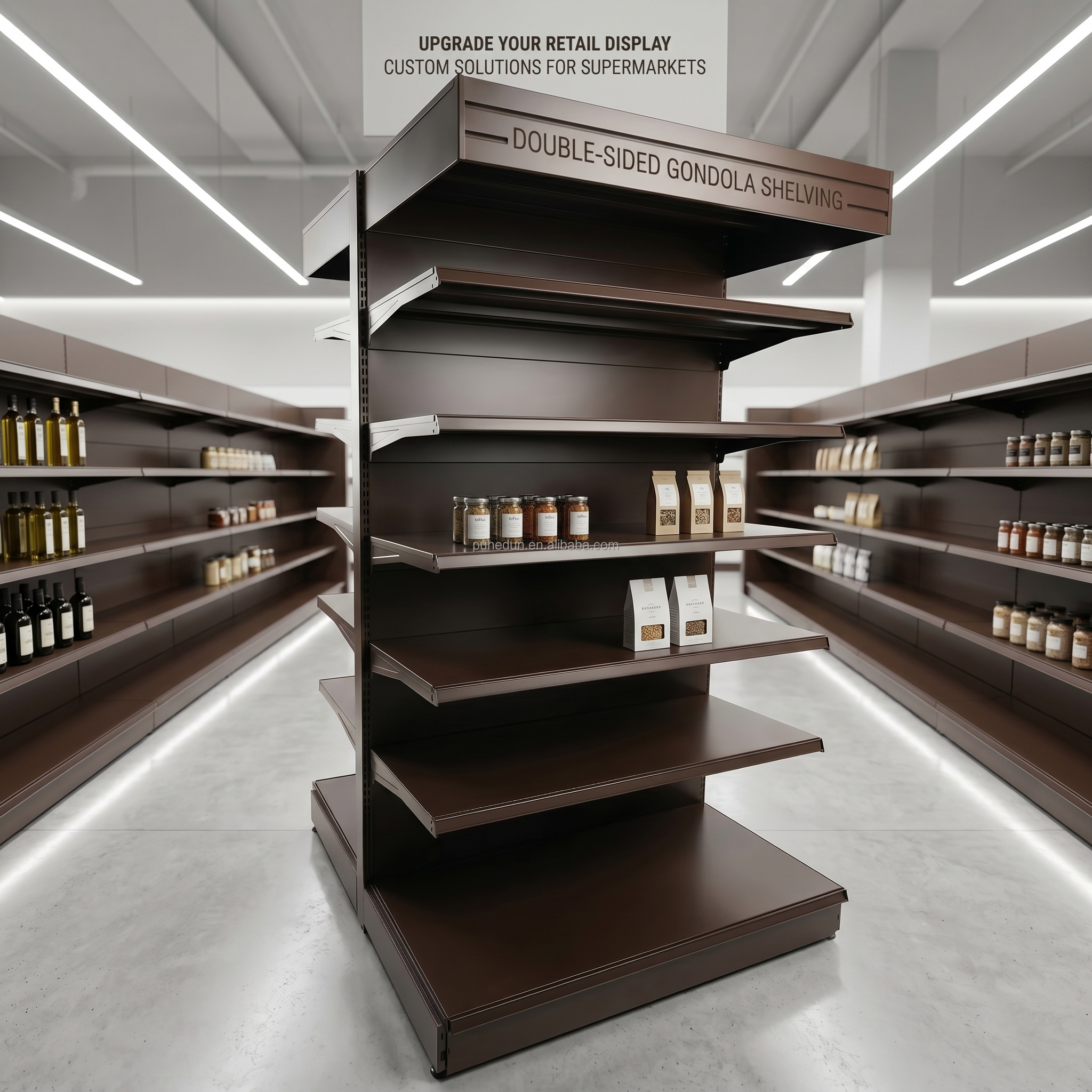 Heavy Duty Double Sided Perforated Gondola Shelving Supermarket Display Rack Quick Installation Adjustable Metal Retail Shelf