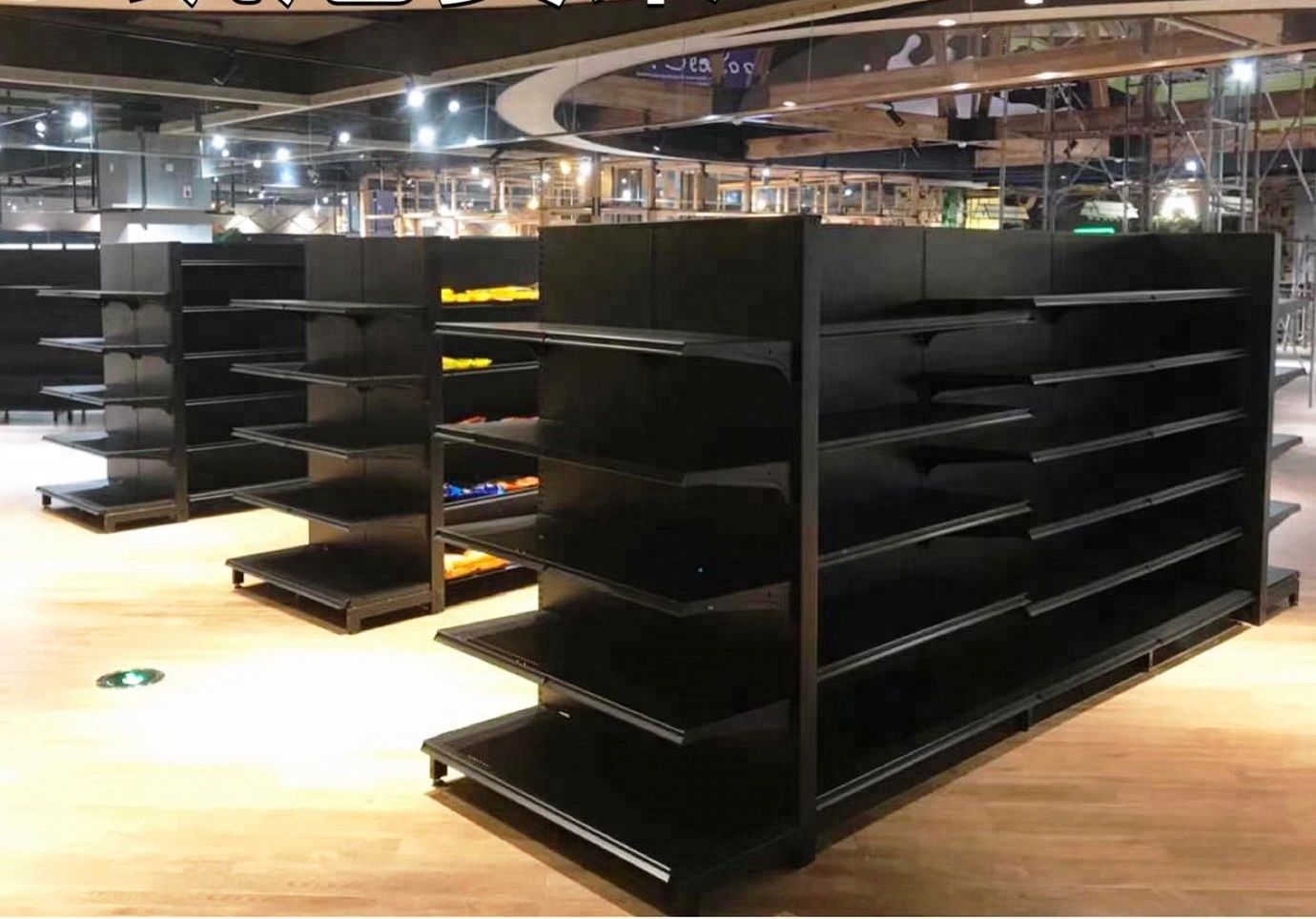 Black Metallic Heavy Duty Hypermarket Supermarket Used Double Sided Island Gondola Shelves