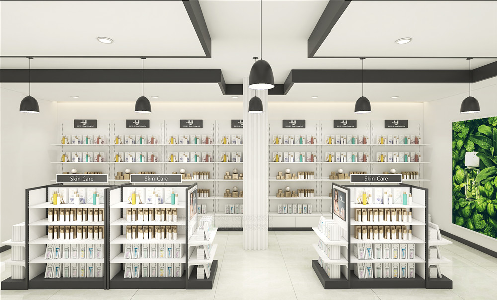 Minimalist Style Store Pharmacy Shelves Stand Design Custom Mall Wooden Medical Store Shelf Gondola for Pharmacy Shop