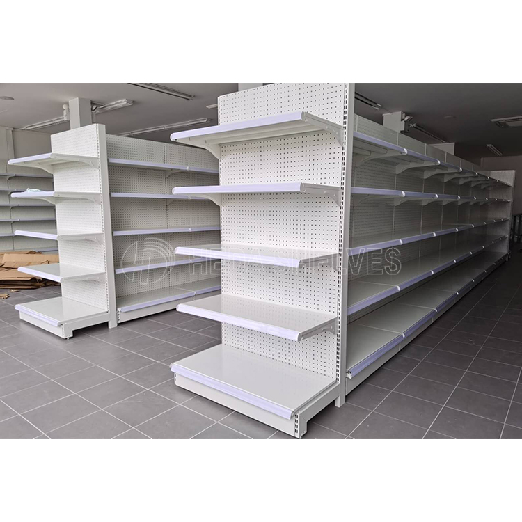 Supermarket Light Duty Style and Metallic Material Shop Fitting Double Side Gondola Metal Supermarket Shelf