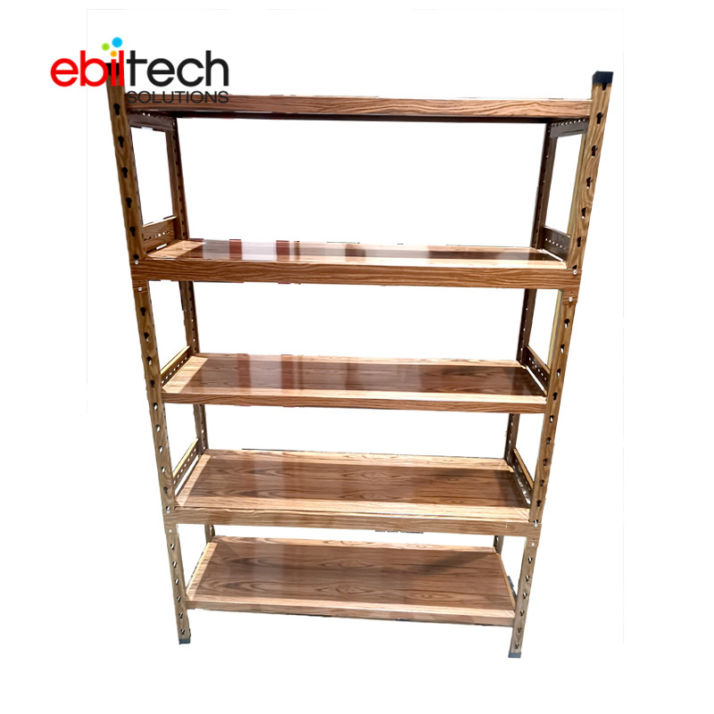 Ss400 Metal Rivet 5 Tier Shelf Boltless Wood Grain Shelf