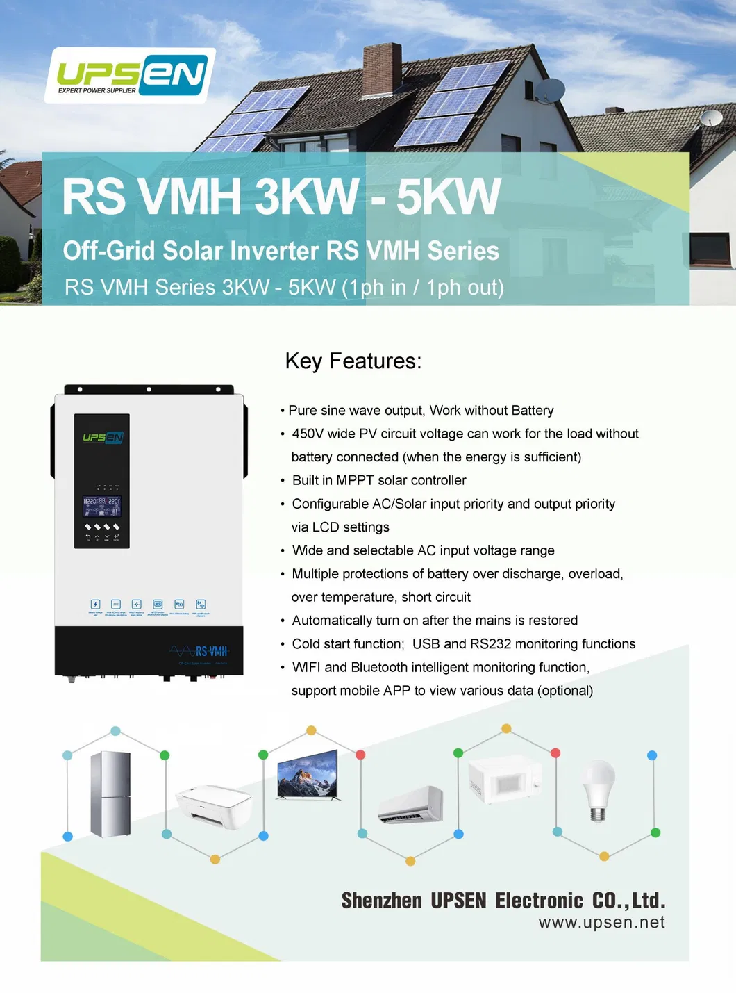 Inversor Solar Híbrido de Alta Tensão 500VDC com 3kw/5kw Controlador de Carga MPPT
