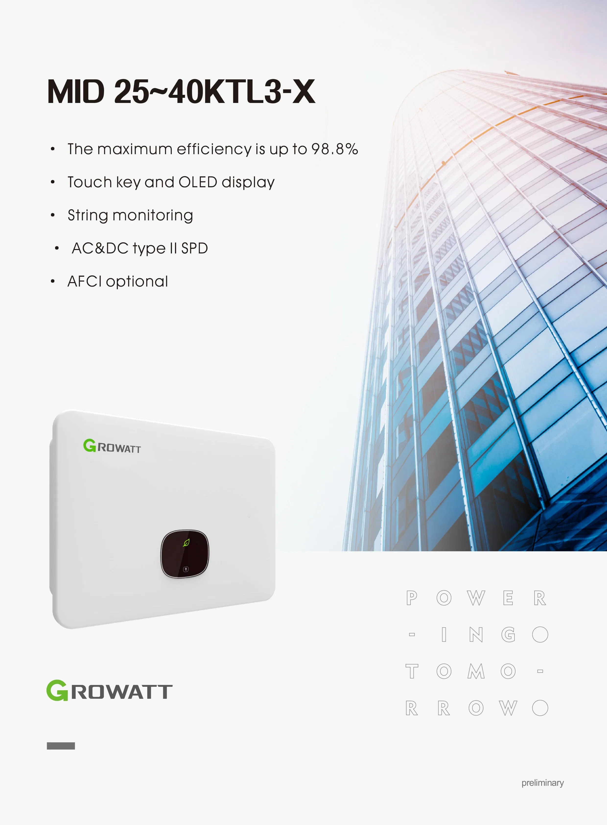 Inversores Growatt MID 25-40ktl3-X 3/4 Mppts Trifásicos de Alta Eficiência em Rede para Energia Solar Fotovoltaica Comercial e Industrial com SPD Tipo II AC DC Preço