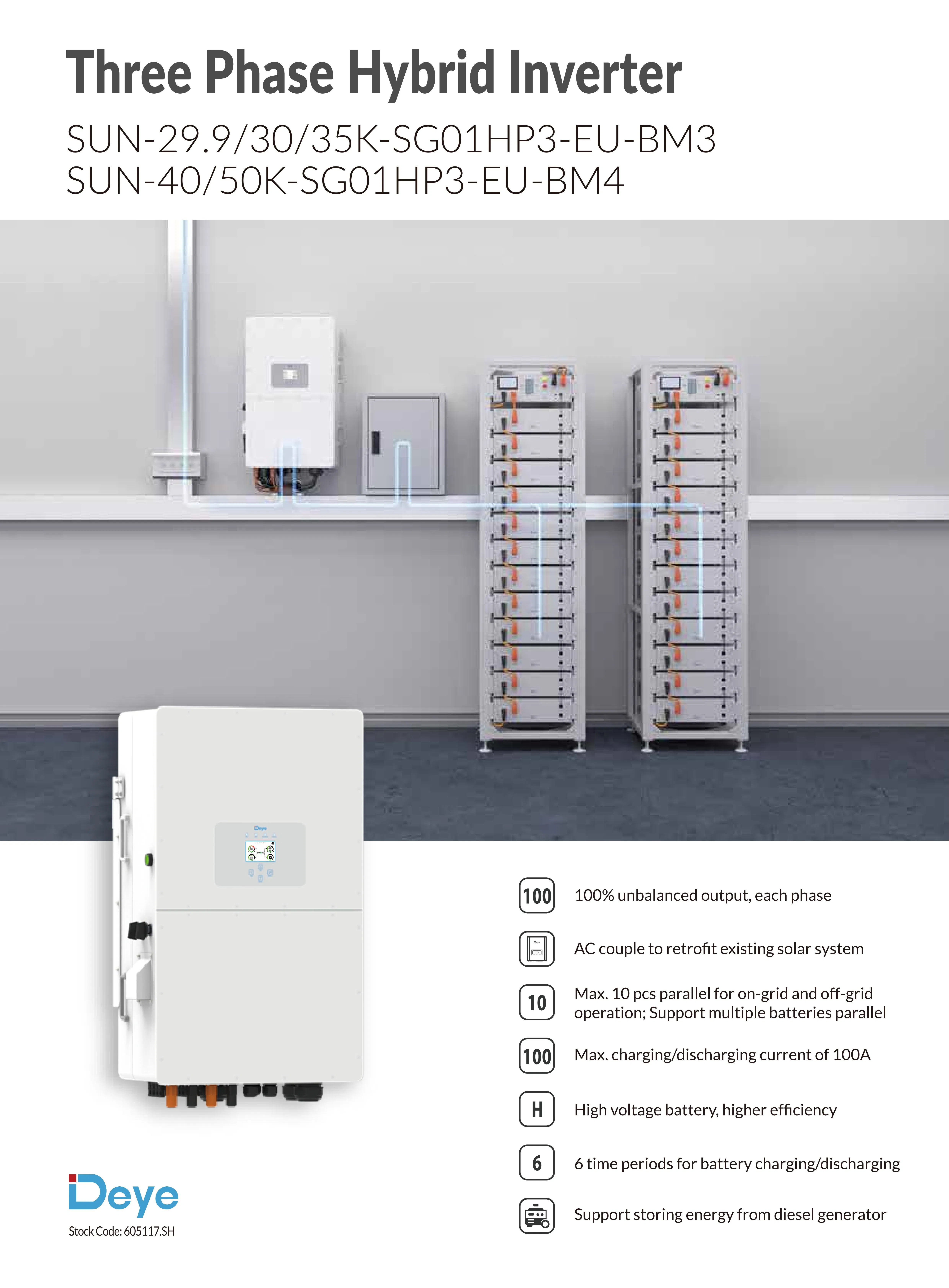 Inversor Solar Deye Sun-30K-Sg01HP3-EU-Bm3 40kw 50kw Deye 30kw UE em Estoque com Resfriamento Passivo e Plataforma de Controle WiFi Inteligente Compatível com Bateria de Lítio