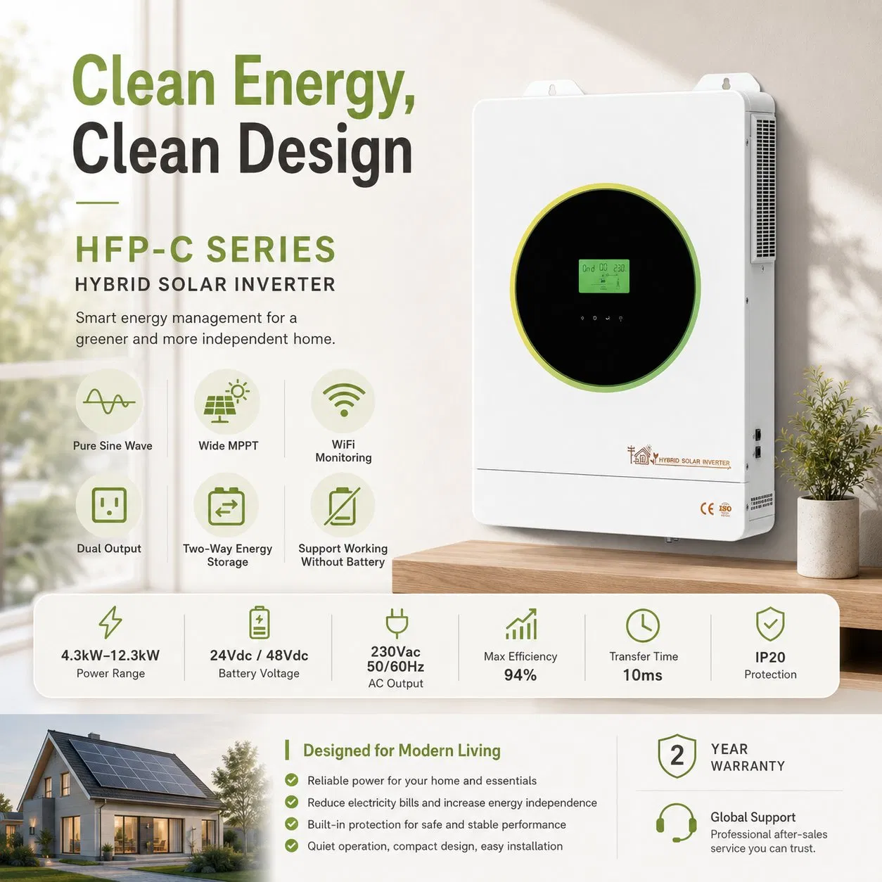 Inversor Solar Hfp-C Híbrido Atacado 4.3-12.3kw Certificado CE ISO Suporte Personalização OEM ODM
