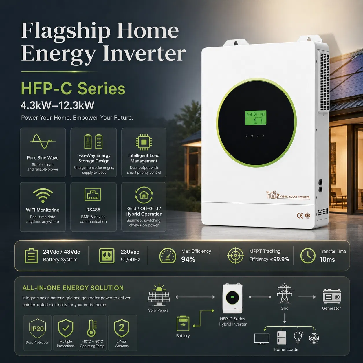 Inversor Solar Hfp-C Híbrido Atacado 4.3-12.3kw Certificado CE ISO Suporte Personalização OEM ODM