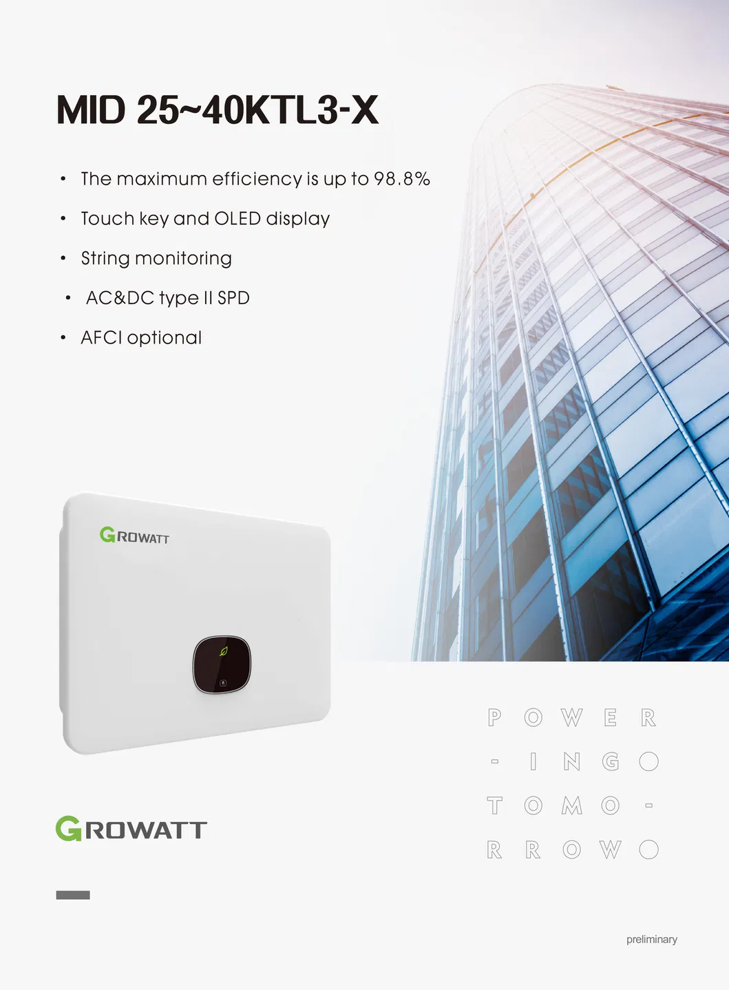 Inversores Growatt MID 25-40ktl3-X 3/4 Mppts Trifásicos de Alta Eficiência em Rede para Energia Solar Fotovoltaica Comercial e Industrial com SPD Tipo II AC DC Preço