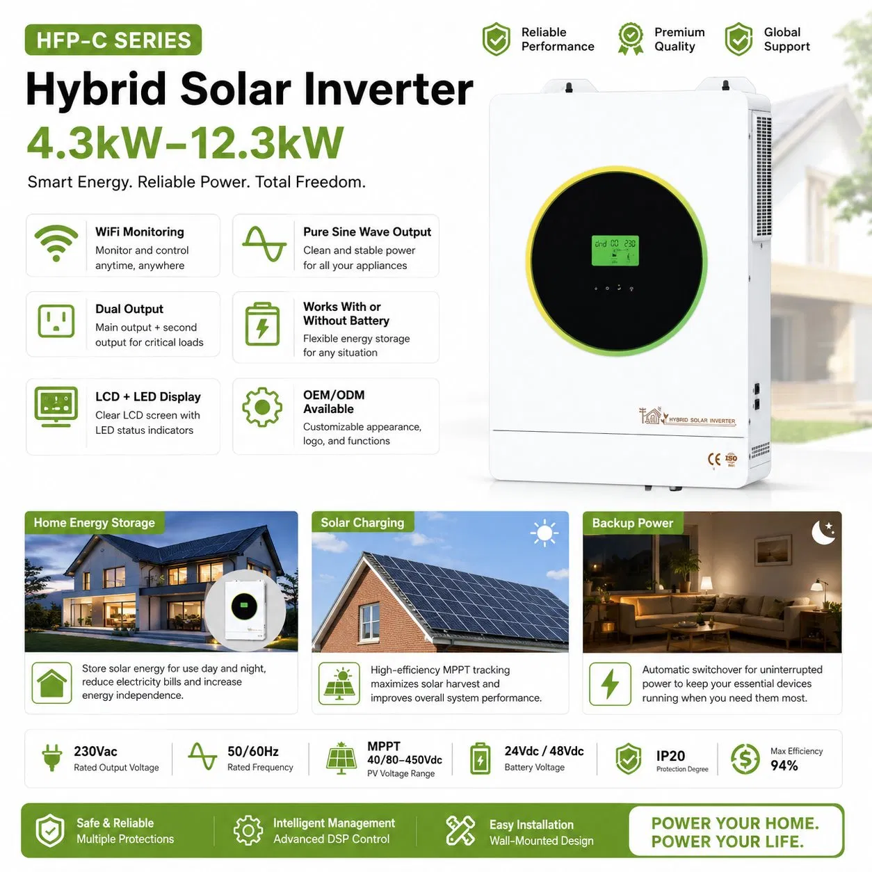 Inversor Solar Hfp-C Híbrido Atacado 4.3-12.3kw Certificado CE ISO Suporte Personalização OEM ODM