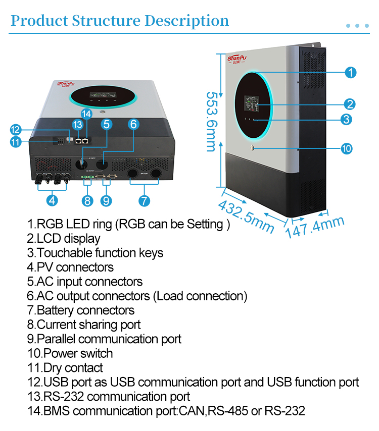 Inversor Solar Fotovoltaico Triplo Fase Personalizado 380V 11kw 48VDC com Controlador de Carga MPPT