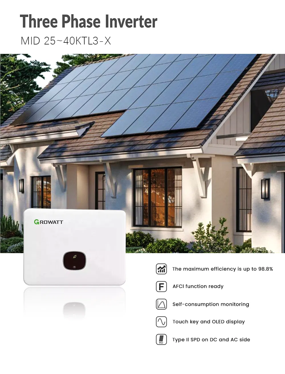 Inversor Solar Growatt MID 25~40ktl3-X 3 Fase 25kw 30kw 40kw Inversor Conectado à Rede Inversor de String 3MPPT com Função Afci Inversor de Energia Solar para Casa