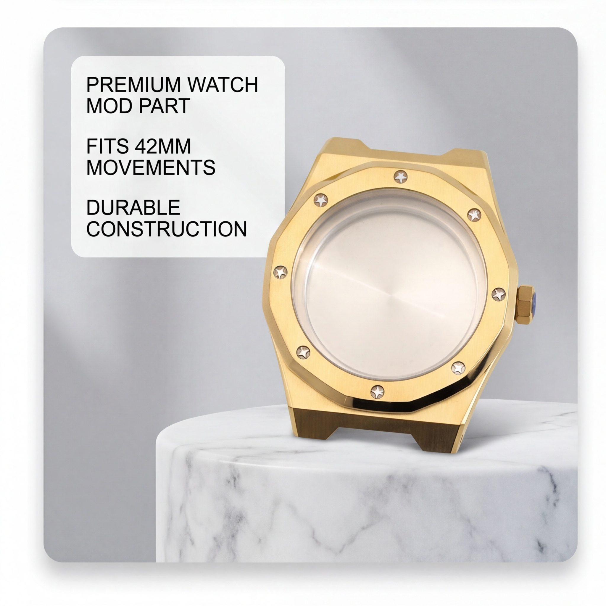 Luxury Brushed Gold Watch case Octagonal Bezel with Star Screws Blue Accent Crown Watchmaker Parts