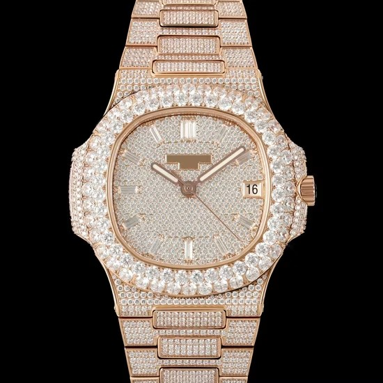 Luxury Rose Gold Full Diamond Nautilus, Paved Diamond Dial, Baguette Diamond Markers, High-End Business Mechanical Watch