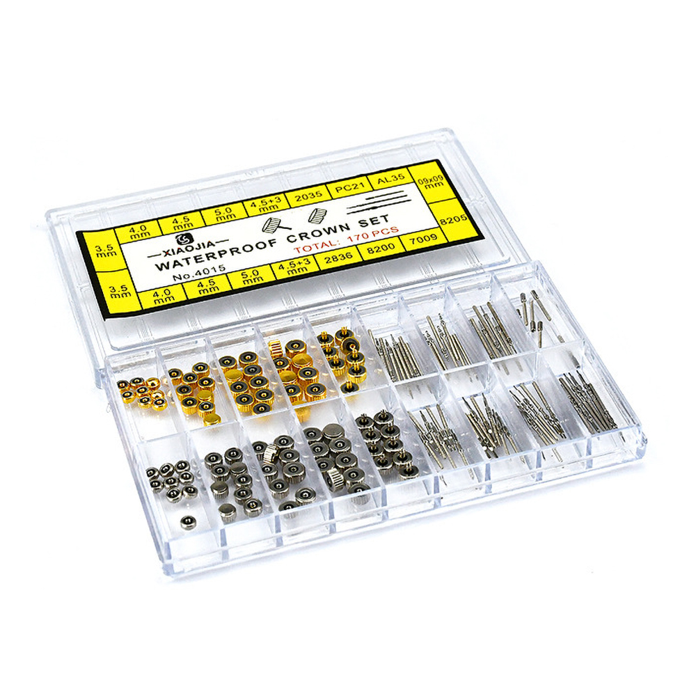 170 Pcs Box Packing Stainless Steel Mixed Waterproof Watch Crown and 2836/8200/7009 Watch Stems Replacement Part