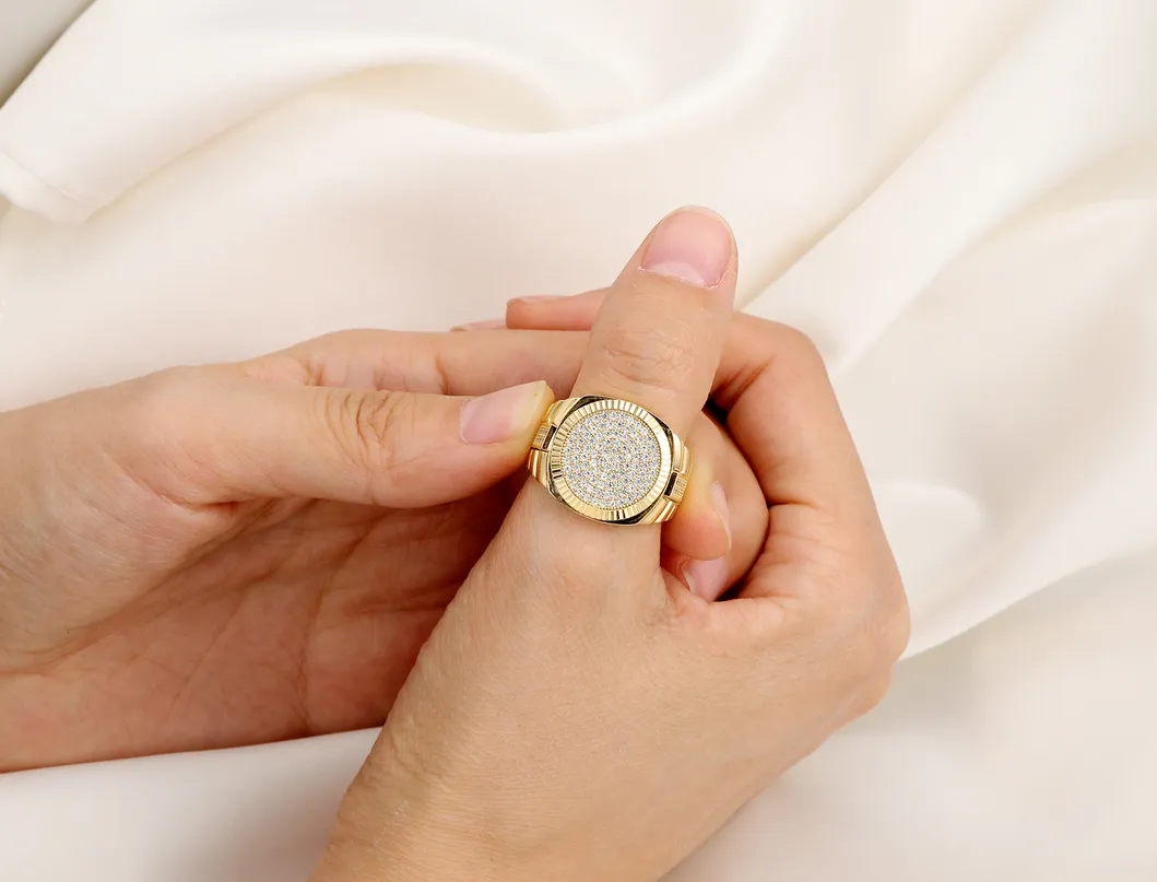 Trio Color Diamond-Filled Watch Shaped Ring Detail View 1