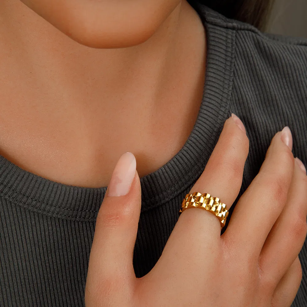 Waterproof Dainty Stacking Jewelry Cuban Chain Link Ring 18K Gold Plated Stainless Steel Bold Dome Wide Watch Band Rings